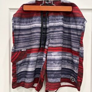 Ezekiel Red and Gray Striped Board Shorts